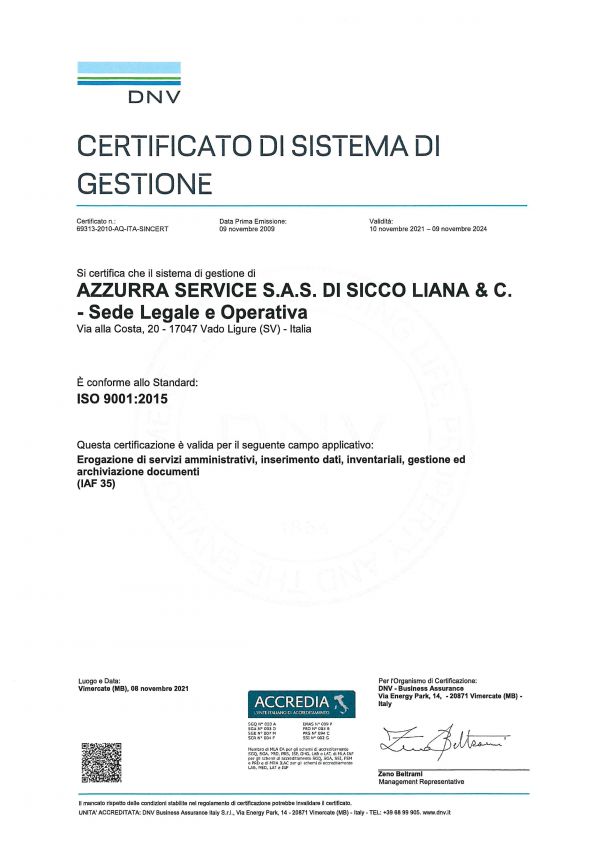CERTIFICAZIONE ISO 9001:2015